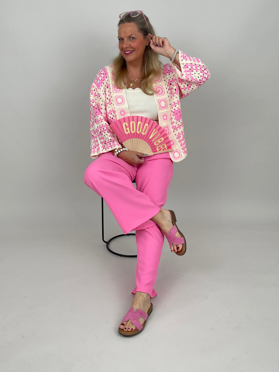 Boho Häkelcardigan in Creme/Pink