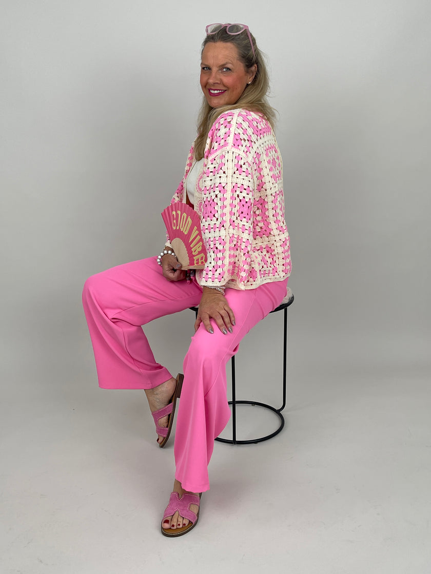Boho Häkelcardigan in Creme/Pink