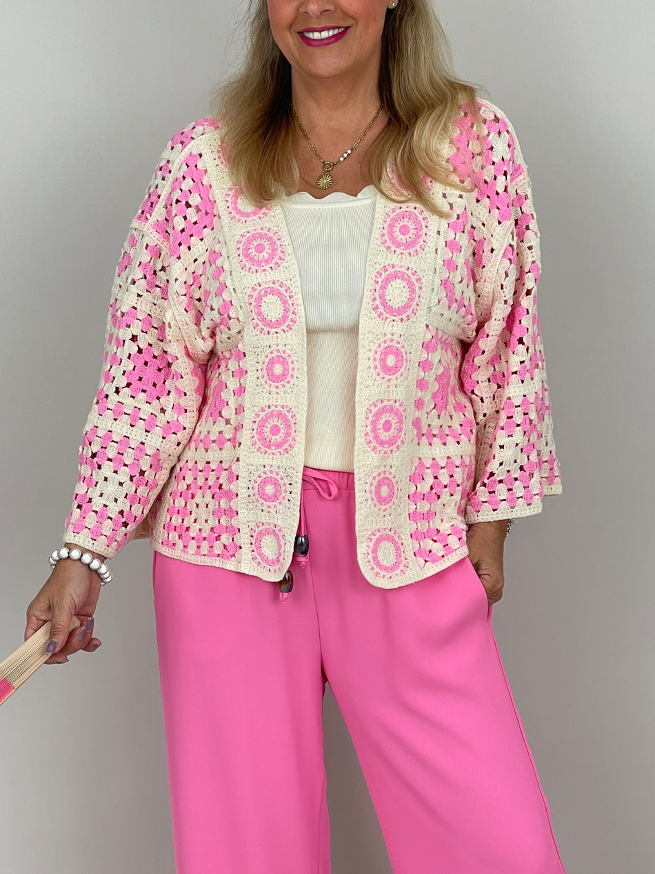 Boho Häkelcardigan in Creme/Pink