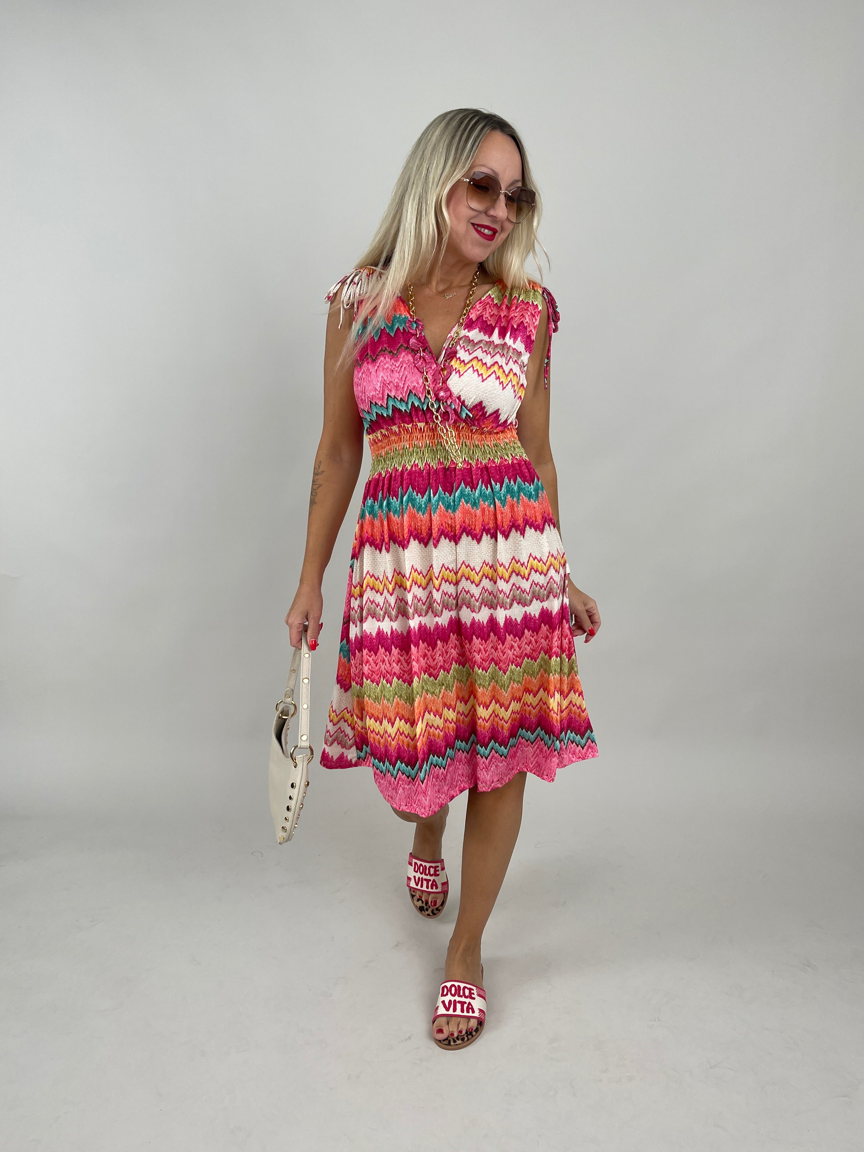 Kleid Kurz Kofferstoff Binde-Details ZickZack in Pink/Orange