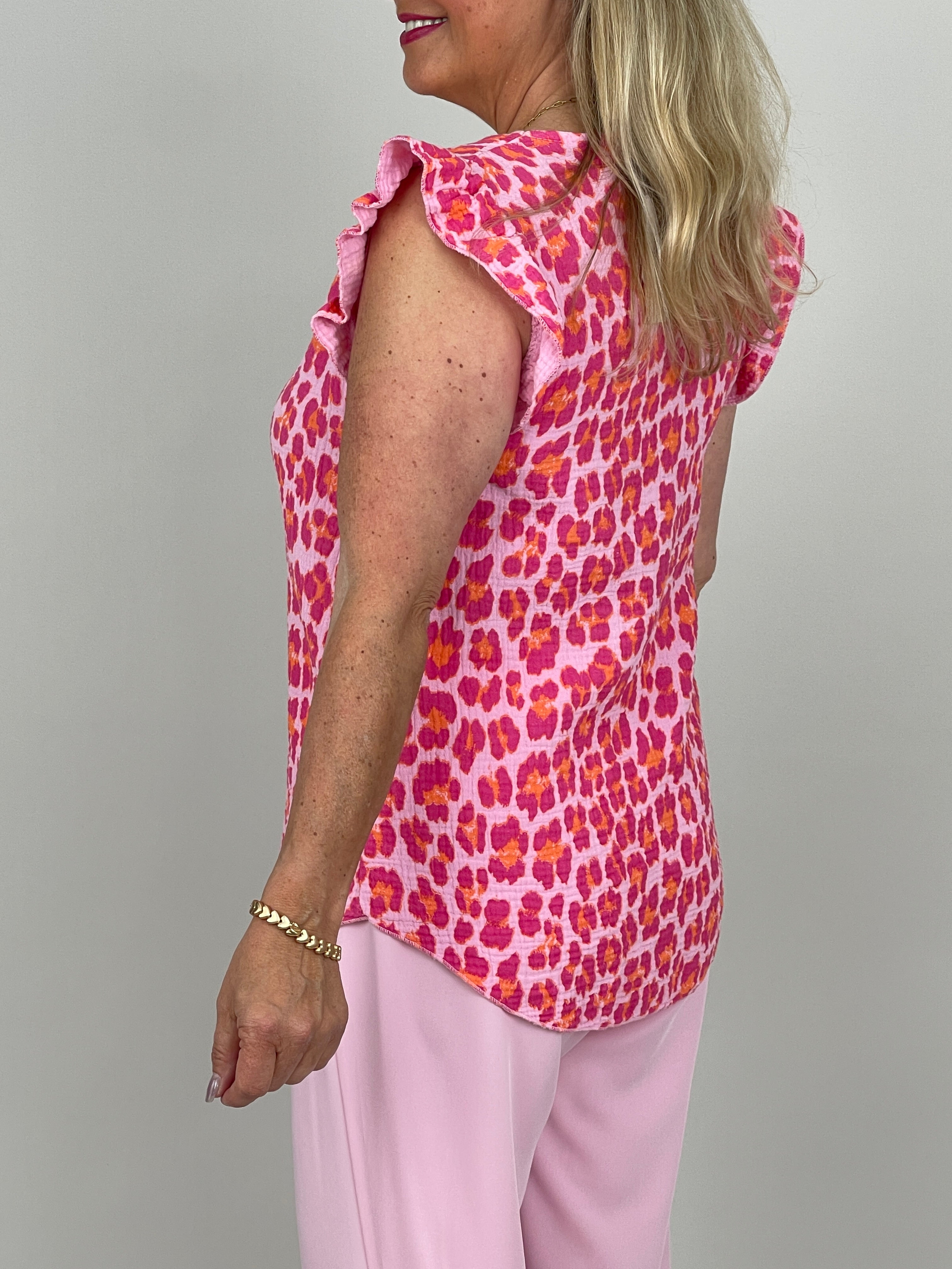 Top Musselin Leo-Print in Pink