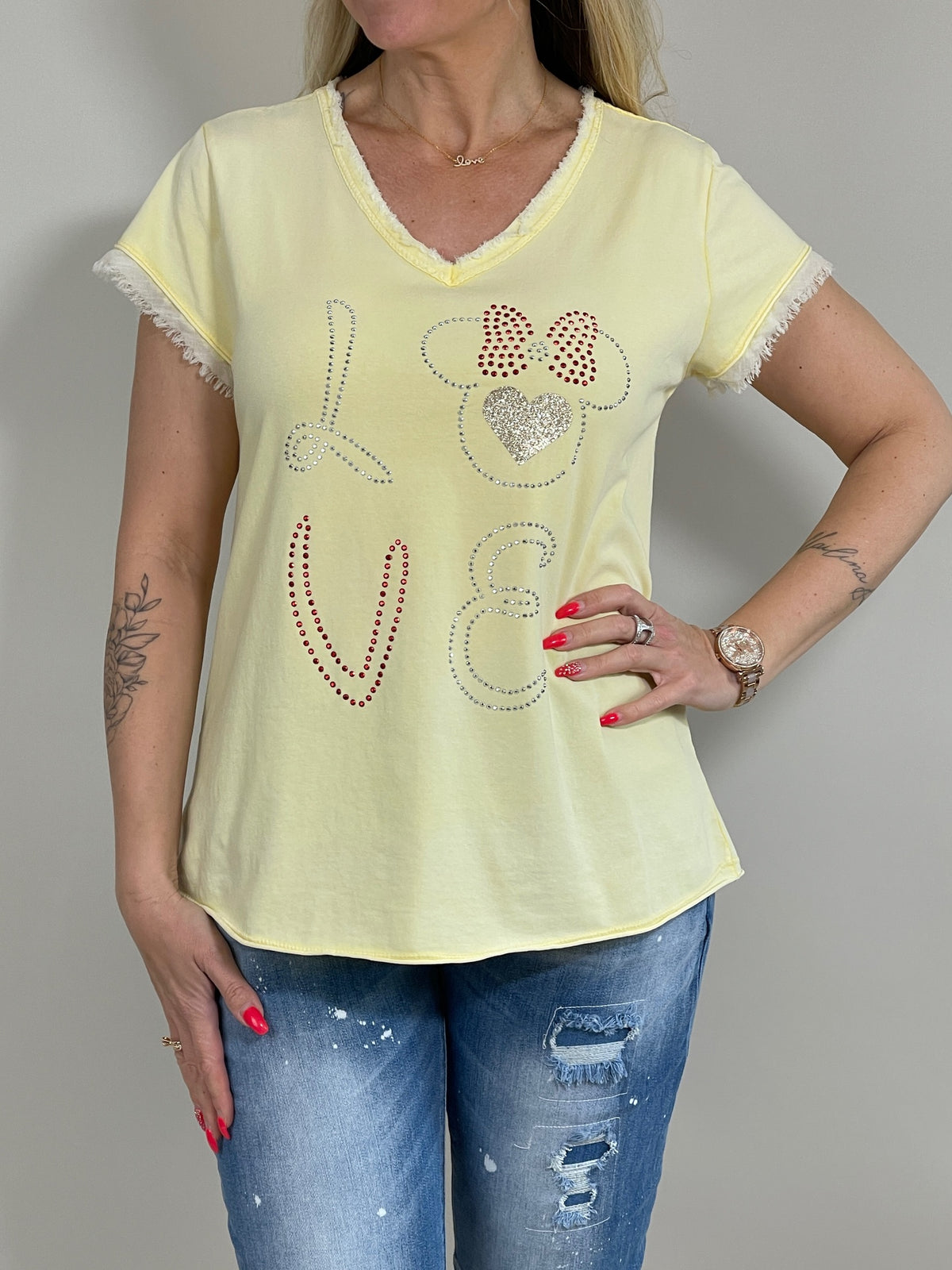 T-Shirt mit Steinchen und Glitzerdruck in versch. Farben