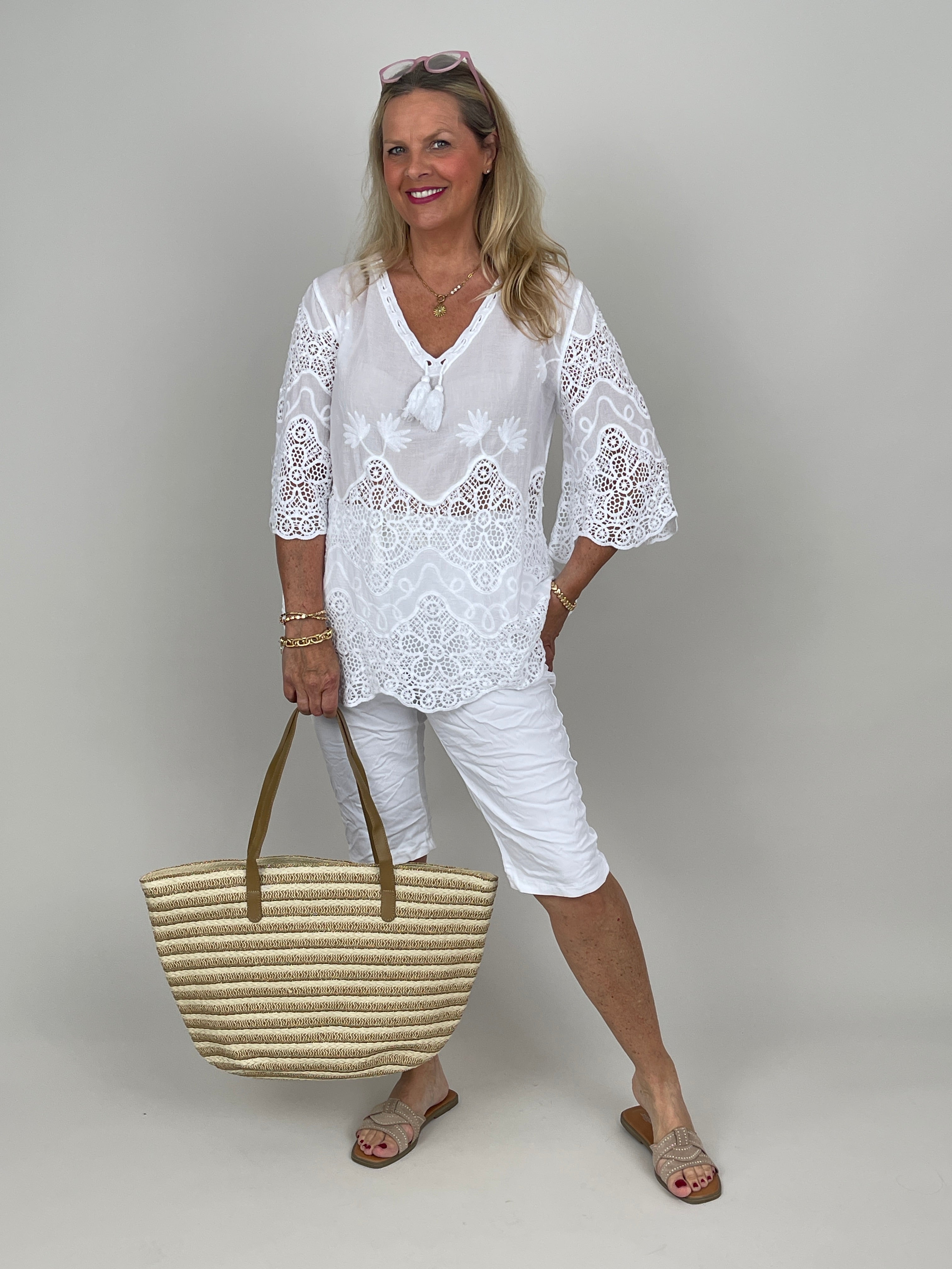 Boho Bluse mit Spitze in Weiß