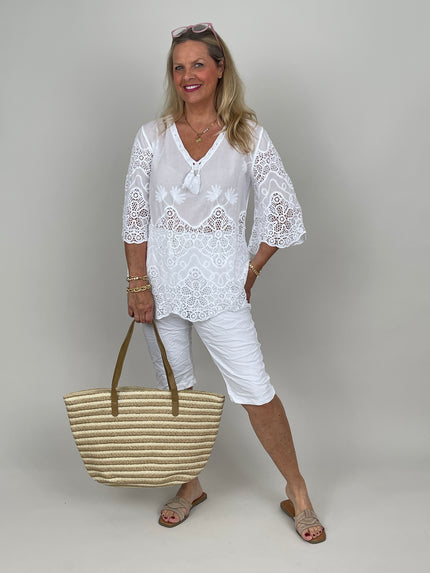 Boho Bluse mit Spitze in Weiß