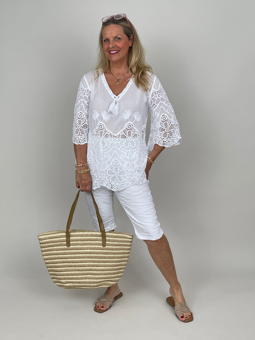 Boho Bluse mit Spitze in Weiß