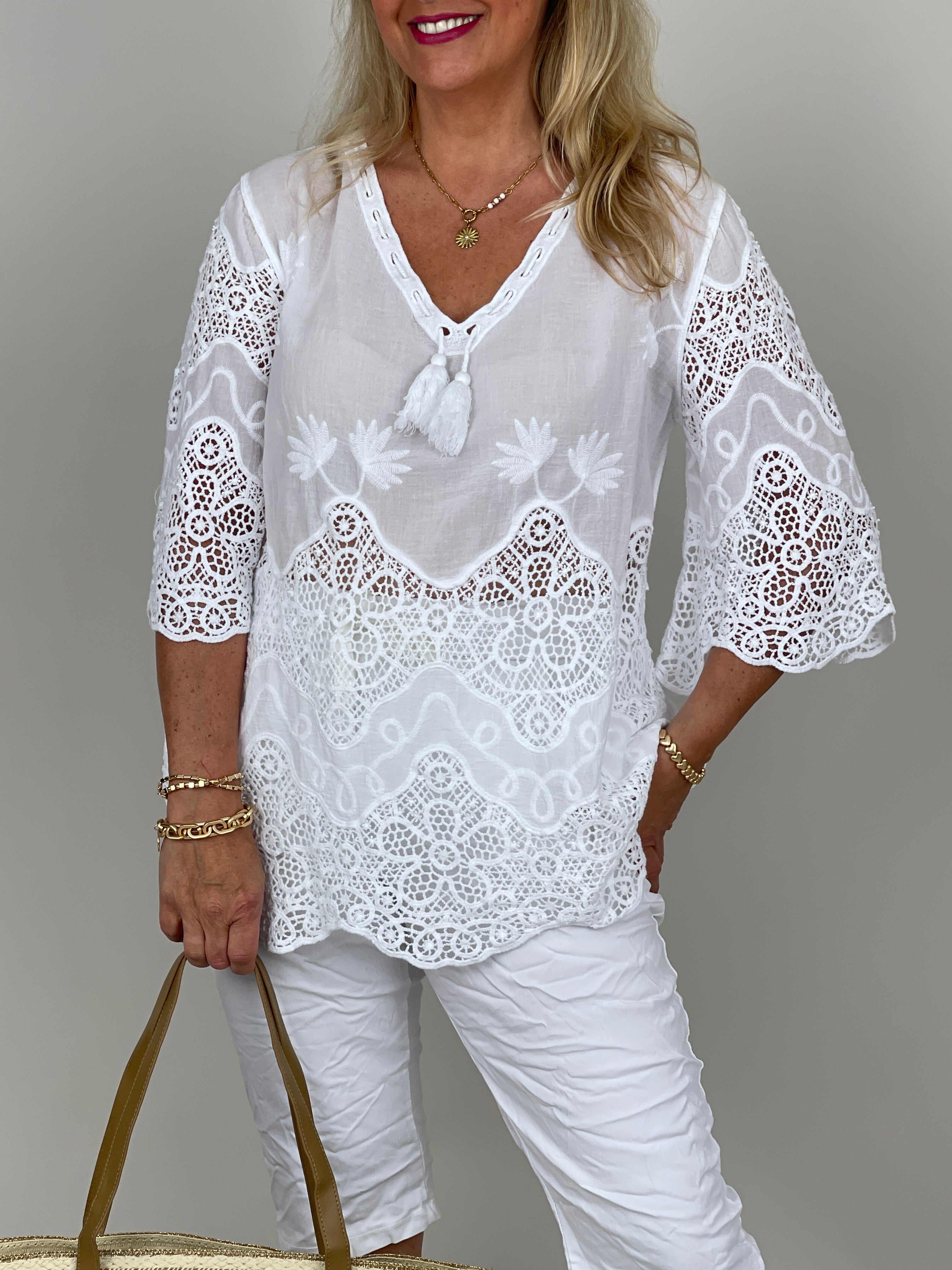 Boho Bluse mit Spitze in Weiß