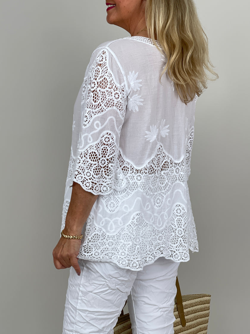 Boho Bluse mit Spitze in Weiß