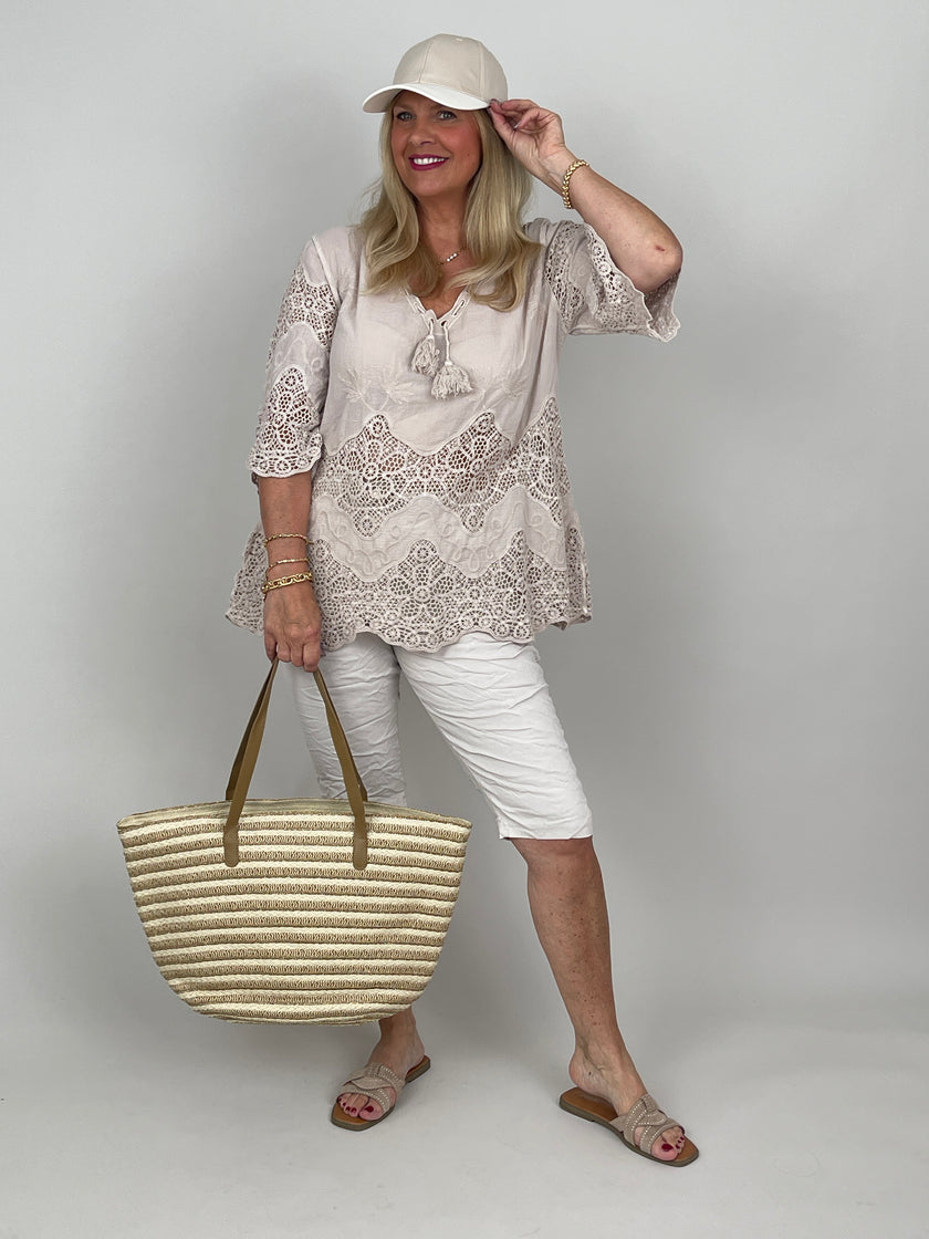 Boho Bluse mit Spitze in Beige