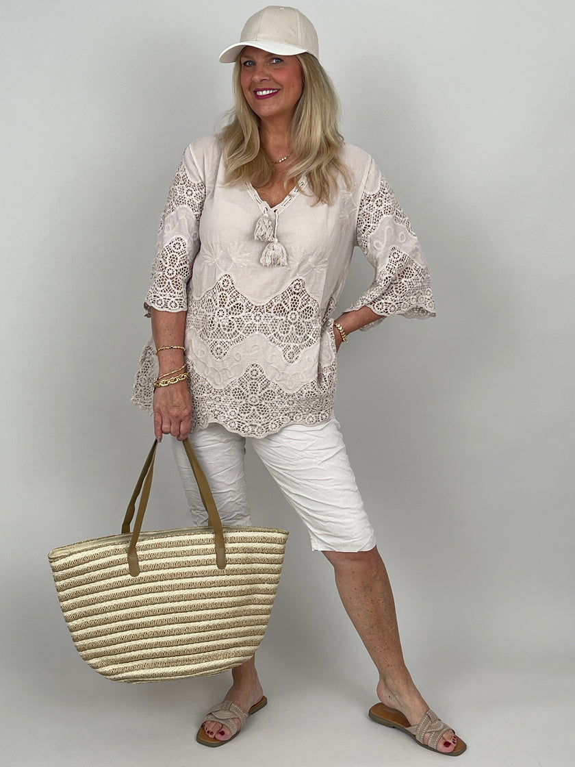 Boho Bluse mit Spitze in Beige