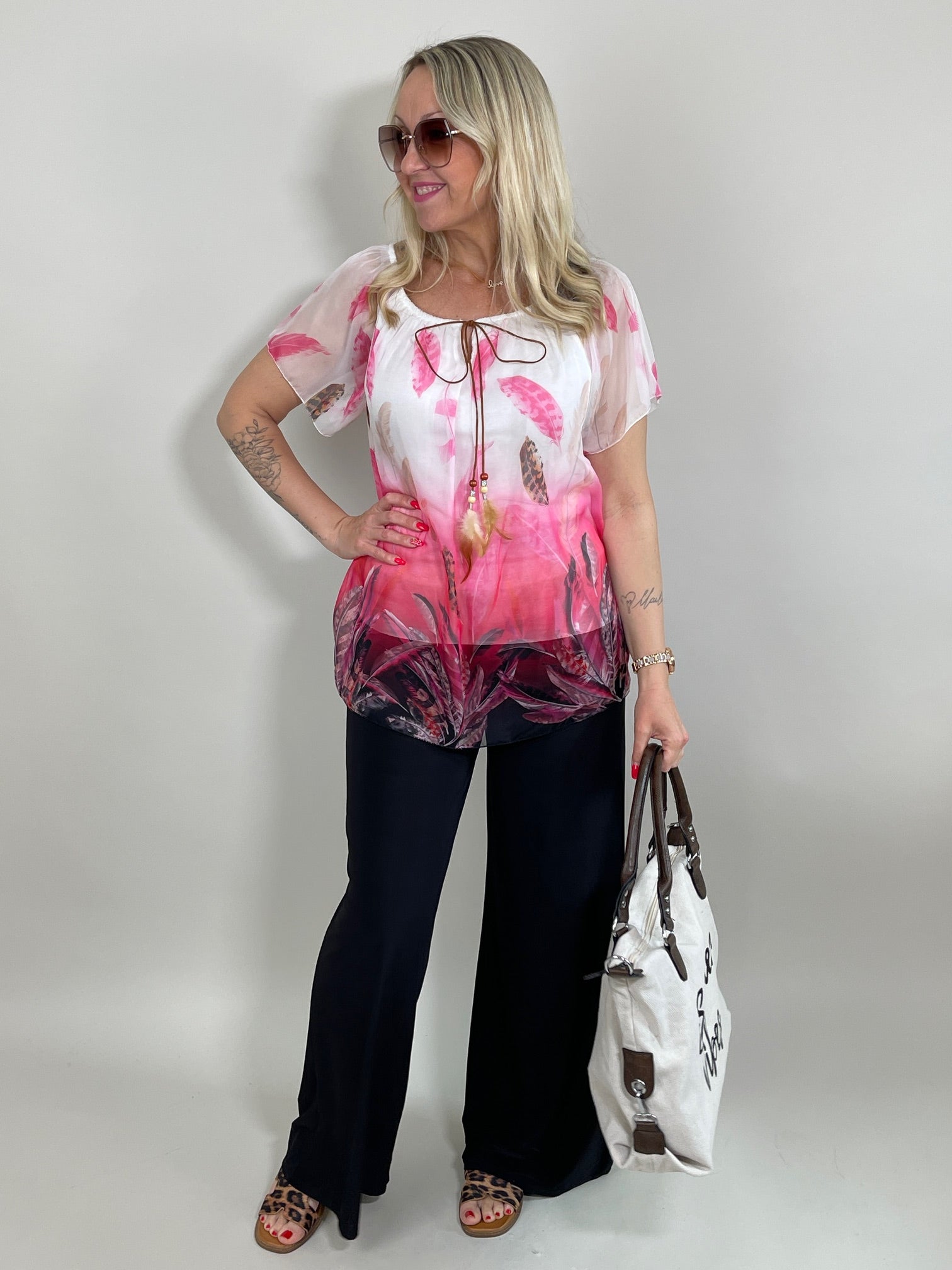 Bluse Chiffon mit Federn in Pink Artikel 5927