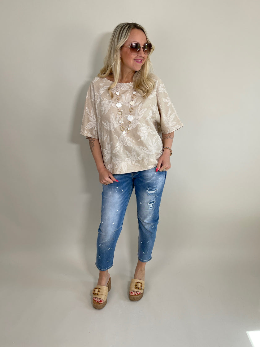 Bluse Palmen in Taupe/Offwhite