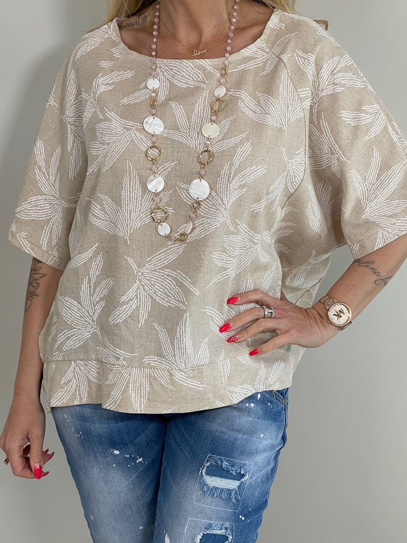 Bluse Palmen in Taupe/Offwhite