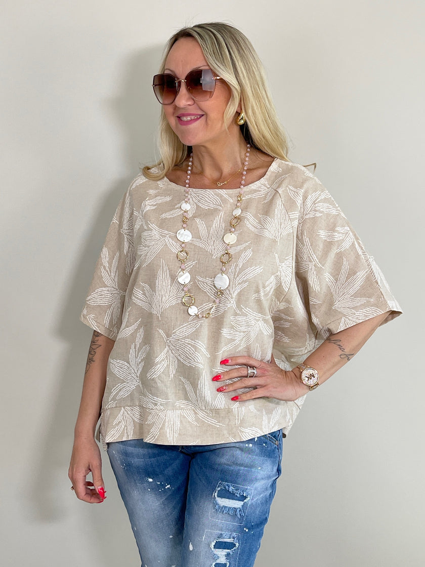 Bluse Palmen in Taupe/Offwhite