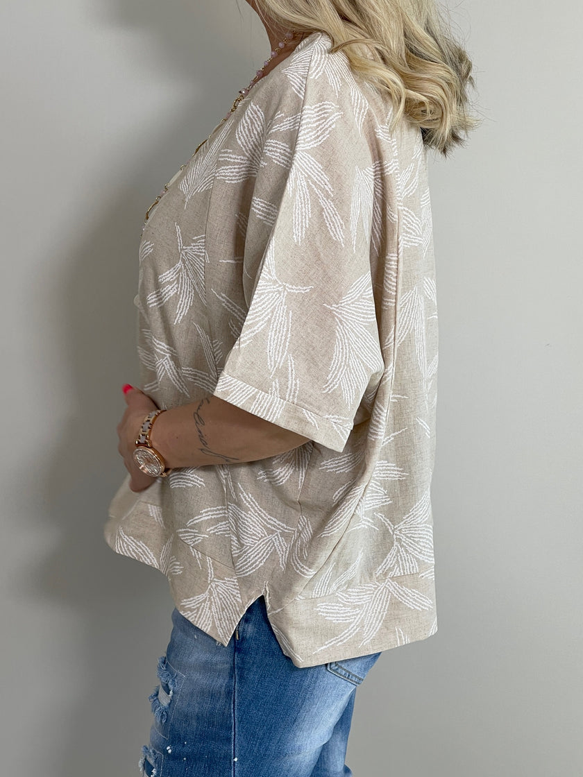 Bluse Palmen in Taupe/Offwhite