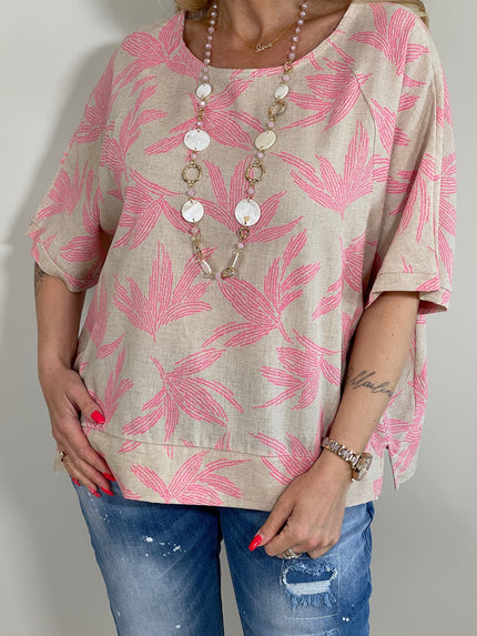 Bluse Palmen in Taupe/Pink Artikel 5945