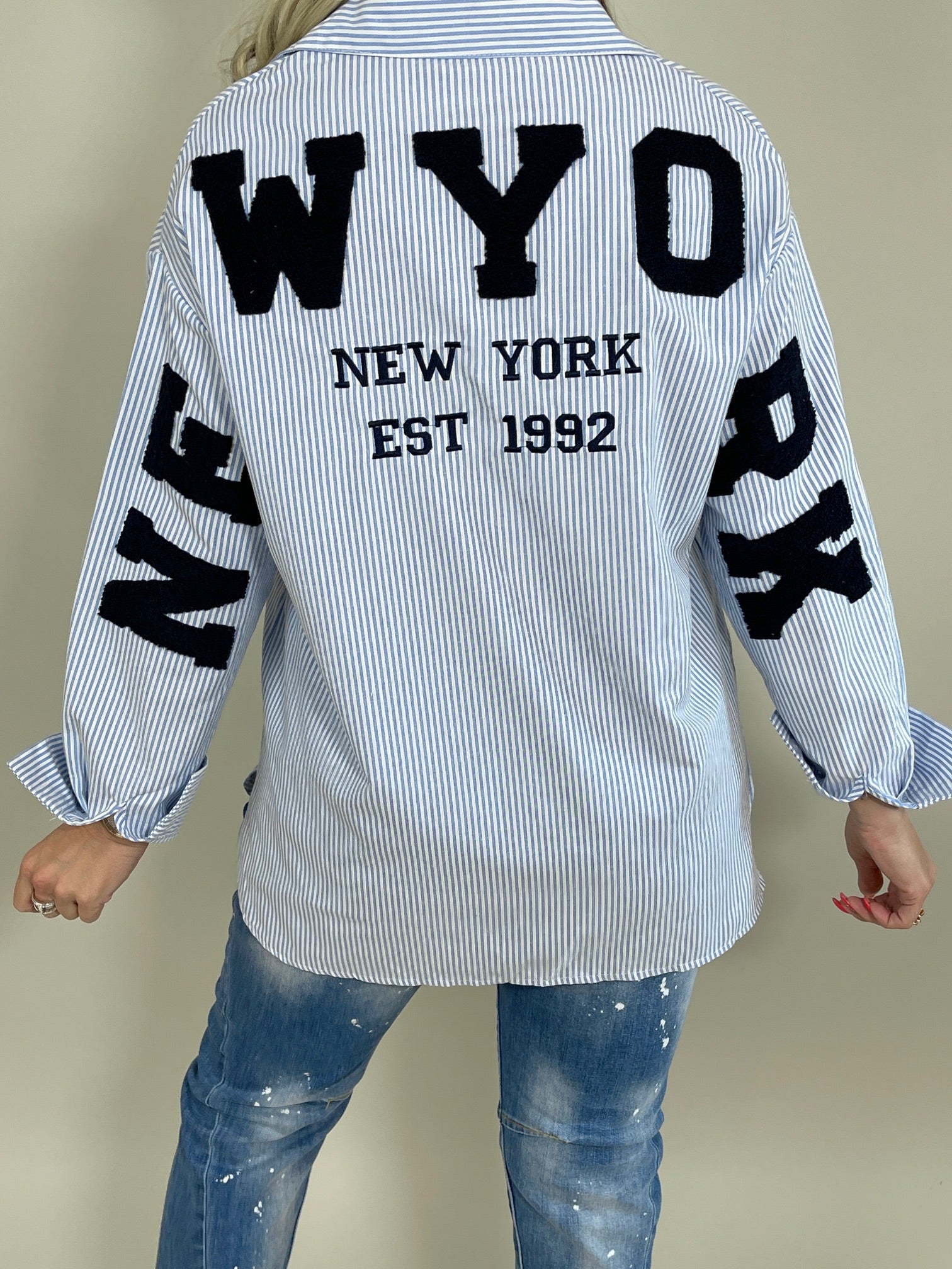 Bluse mit Streifen und Schriftzug in Blau Artikel 5913