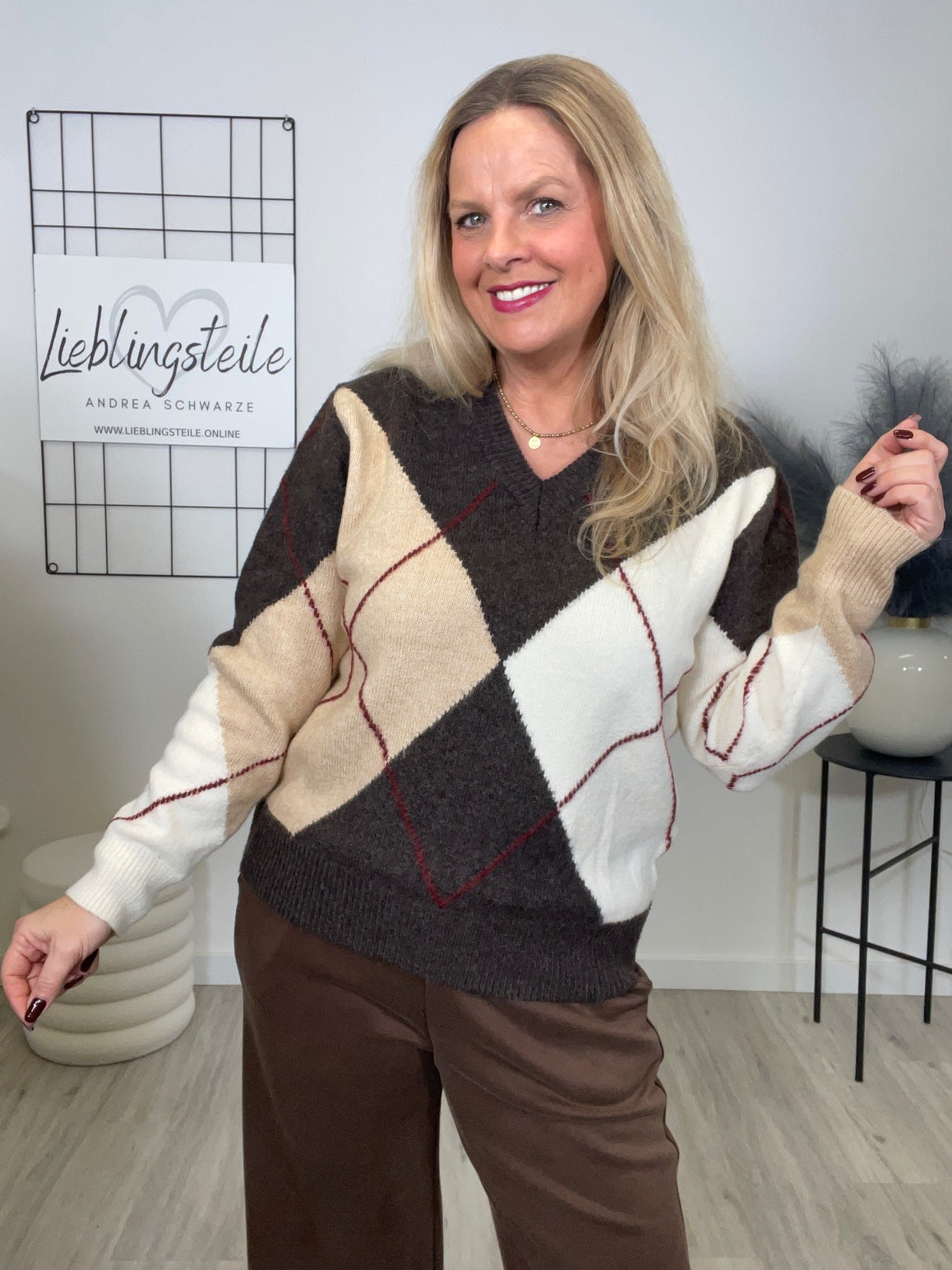 Pullover Rauten Muster in Mokka/Beige/Weiß