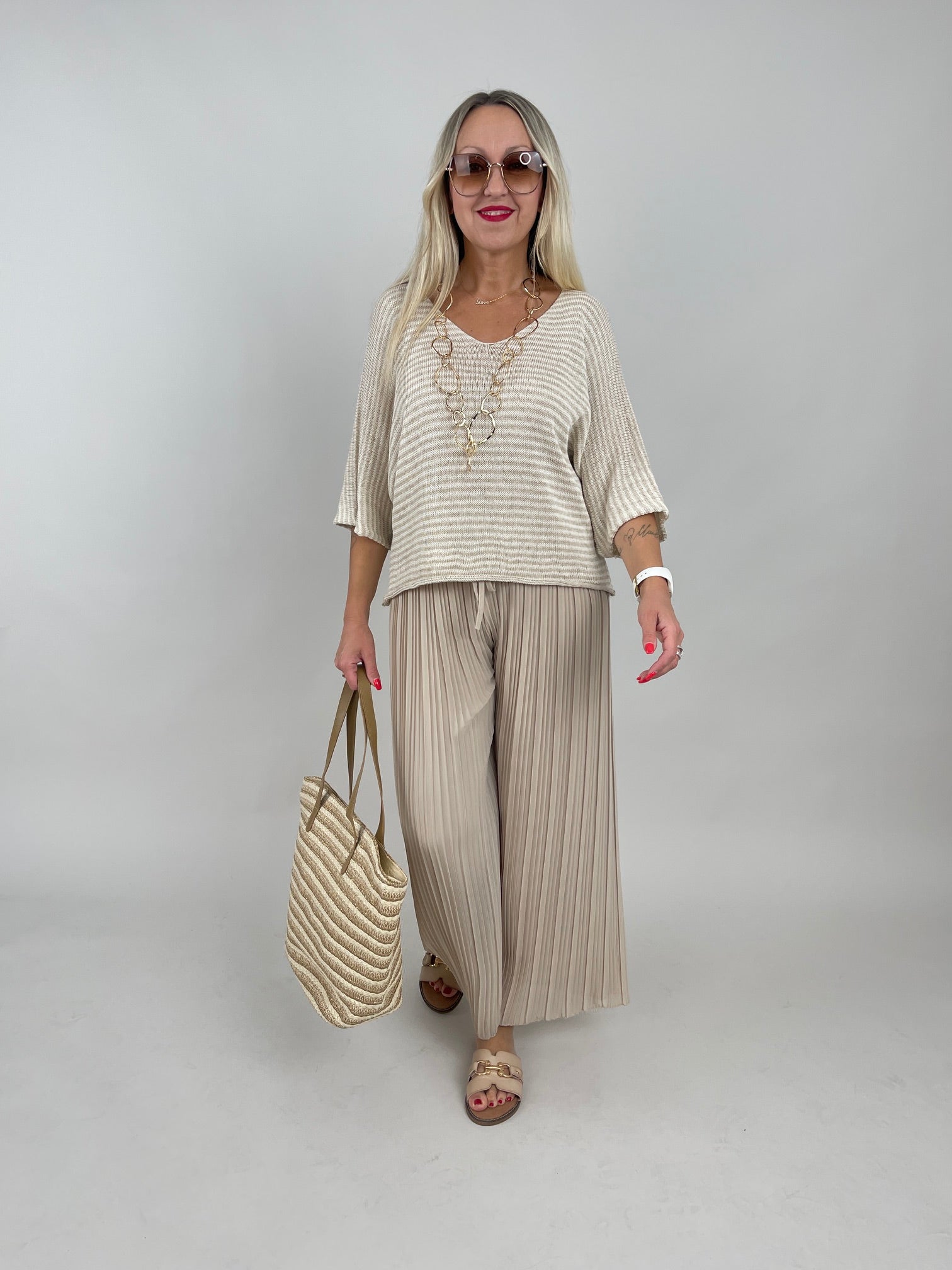 Leichter Strickpullover Streifen in Creme/Beige