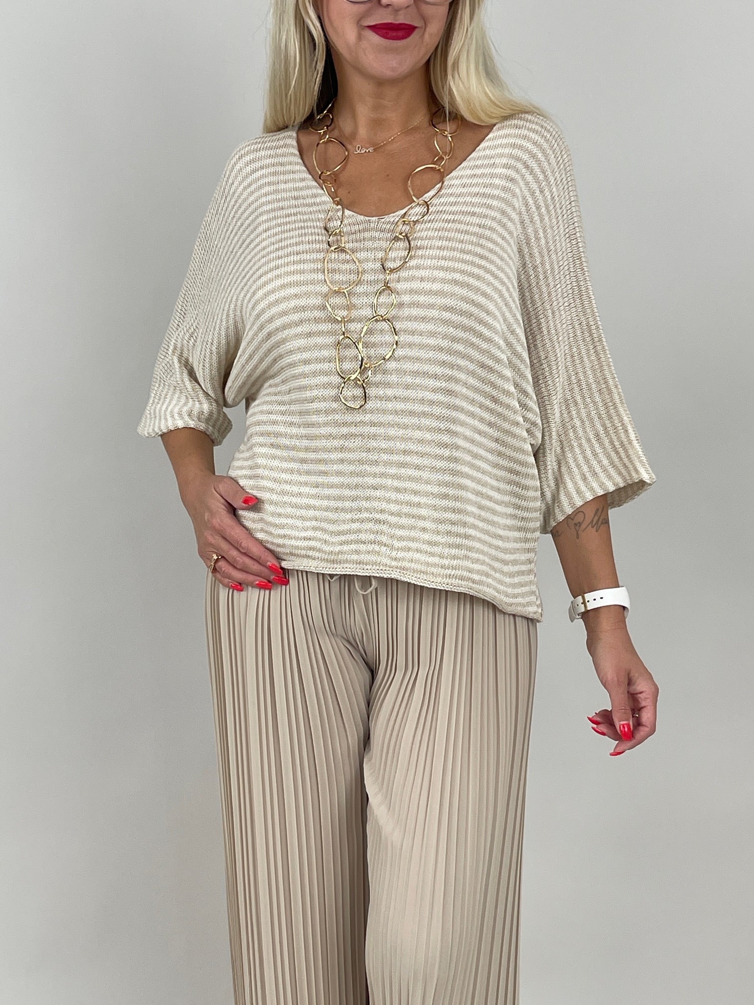 Leichter Strickpullover Streifen in Creme/Beige