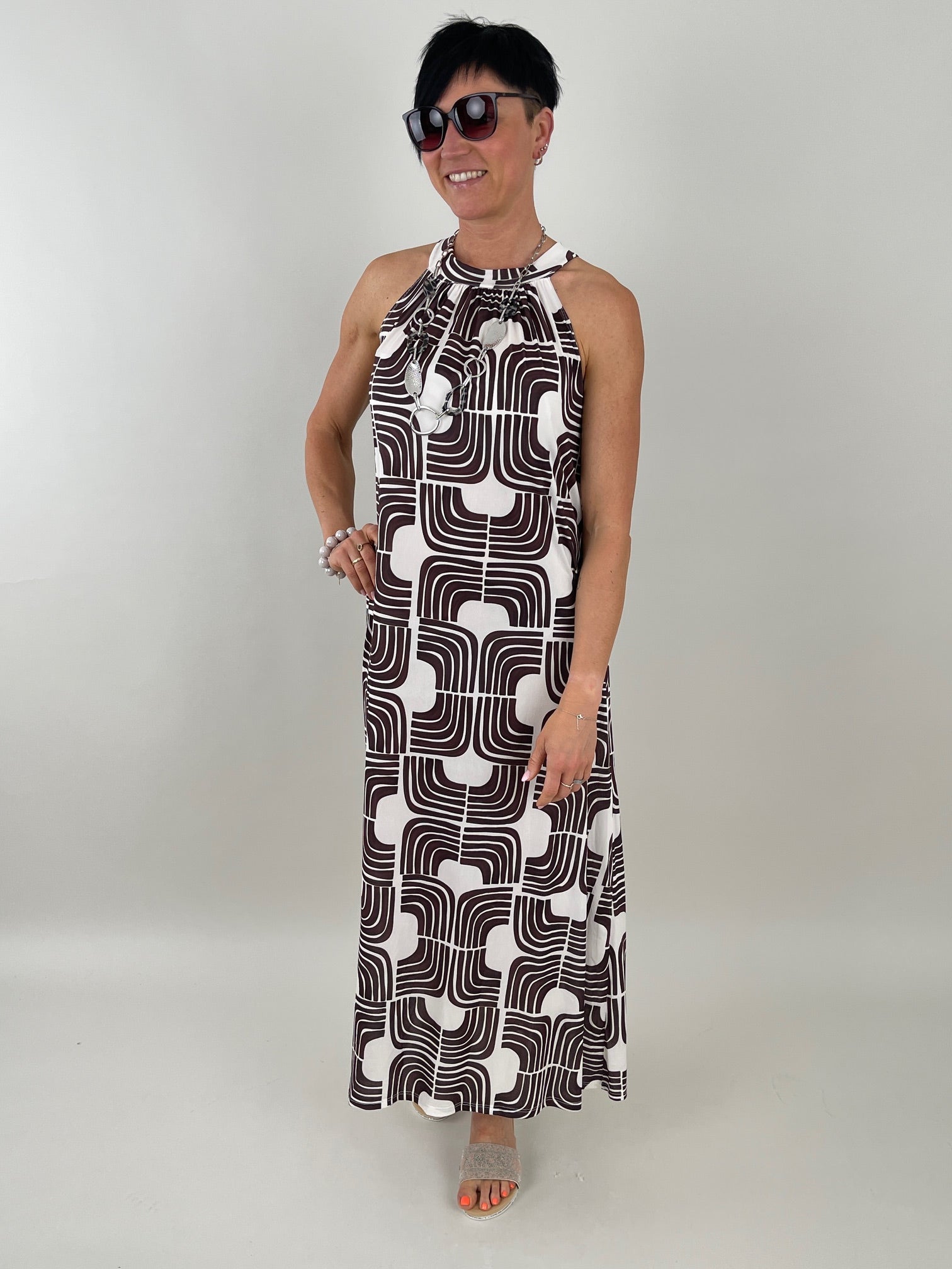Neckholderkleid Maxi Kofferstoff Muster Mokka/Offwhite Artikel 5922