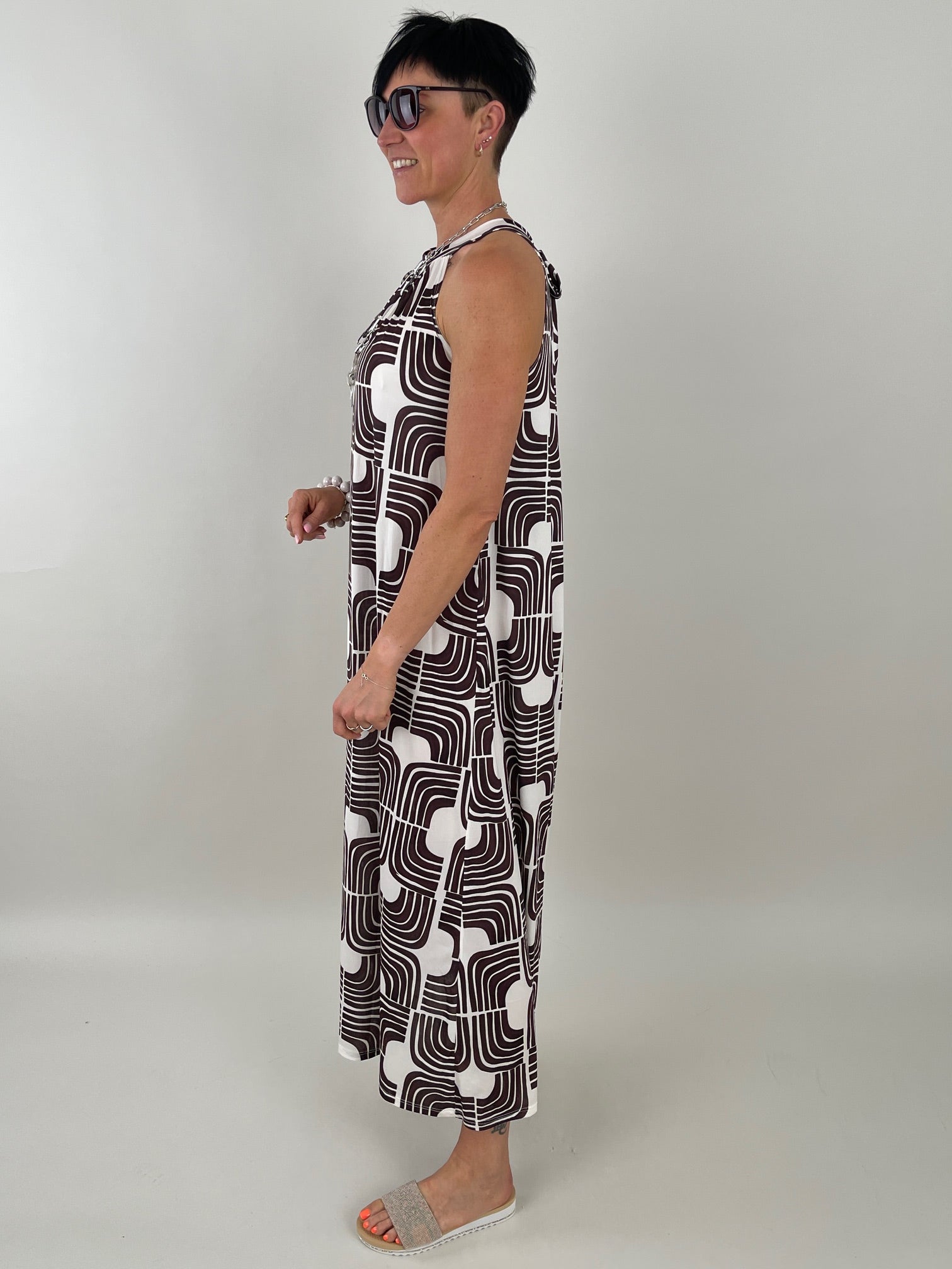 Neckholderkleid Maxi Kofferstoff Muster Mokka/Offwhite Artikel 5922