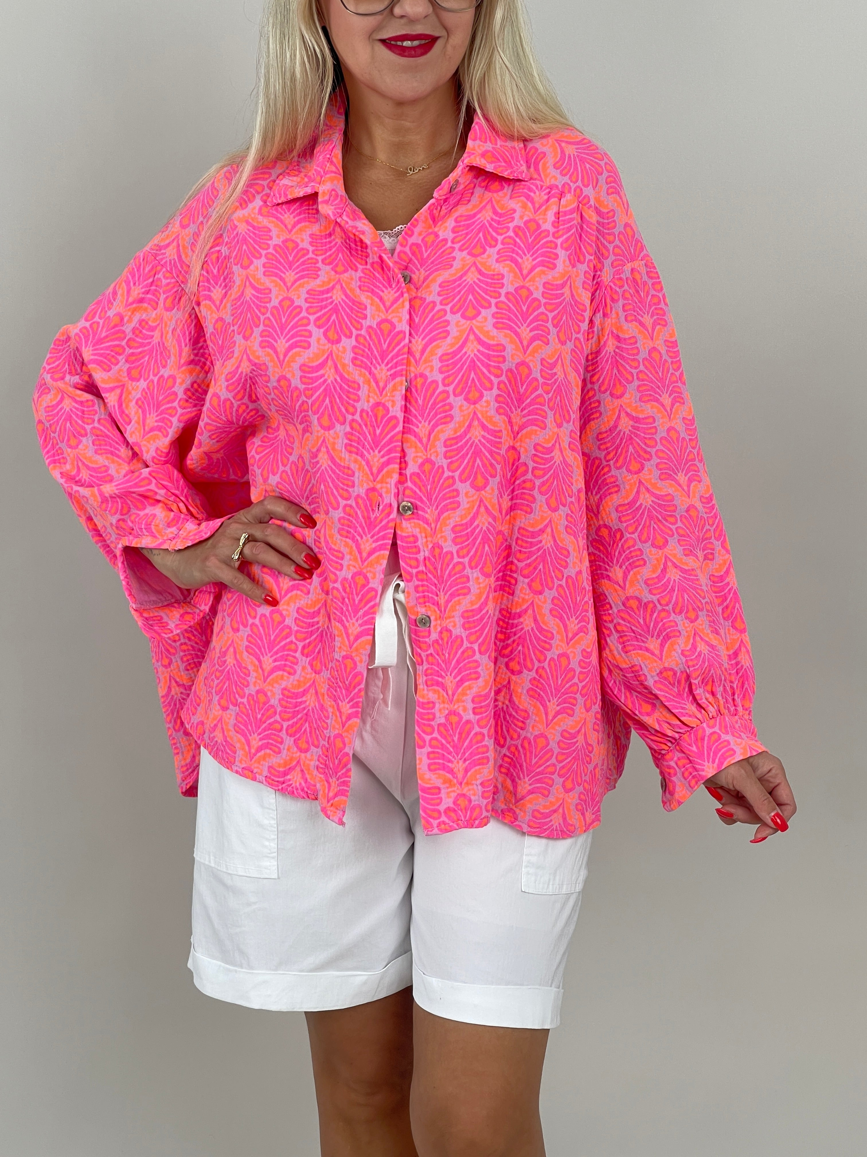 Musselin Bluse Muster in Pink/Orange