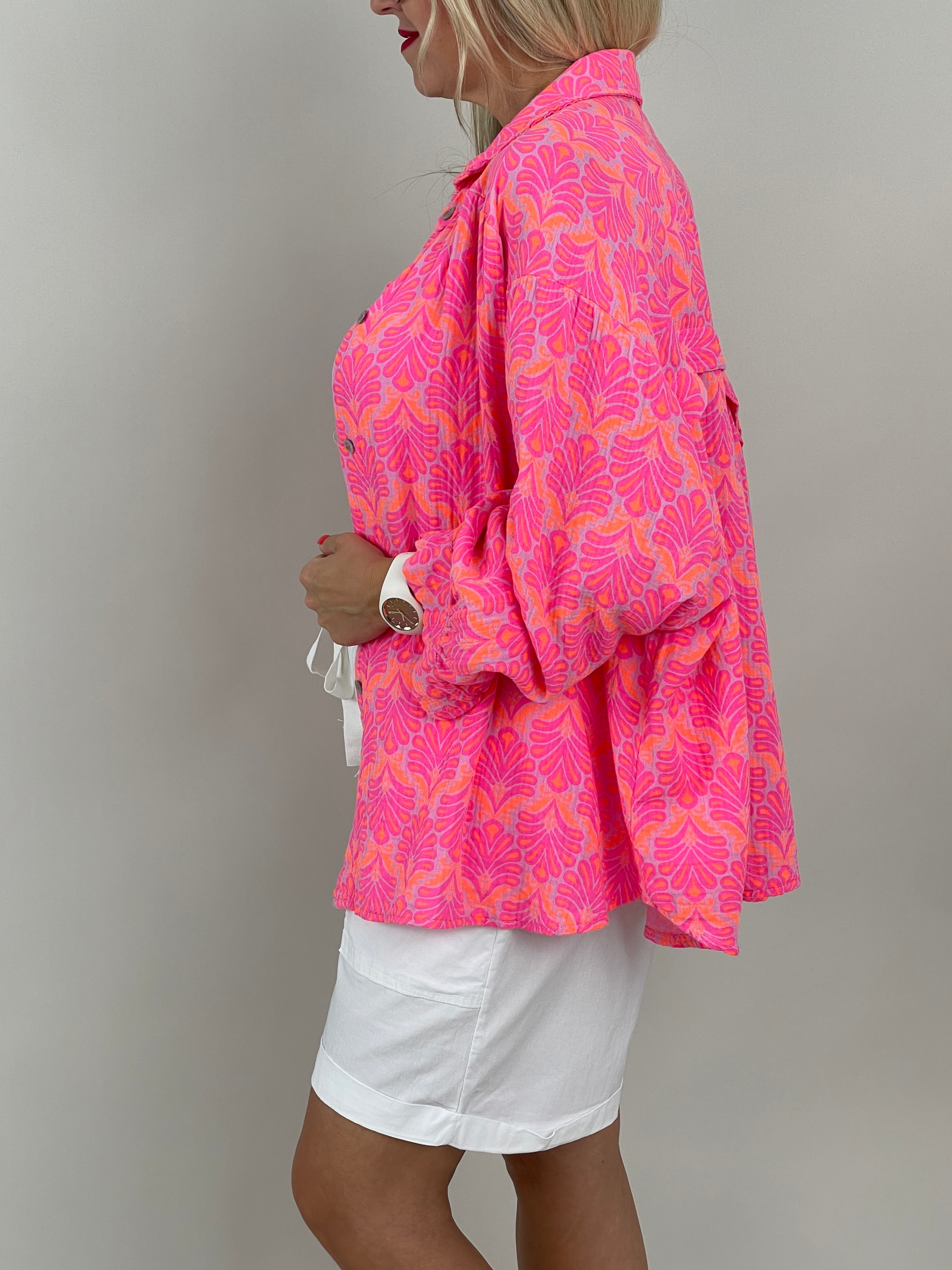 Musselin Bluse Muster in Pink/Orange