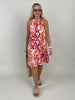 Neckholder-Kleid Kurz Kofferstoff Muster in Orange/Rot