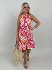 Neckholder-Kleid Kurz Kofferstoff Muster in Orange/Rot