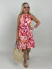 Neckholder-Kleid Kurz Kofferstoff Muster in Orange/Rot