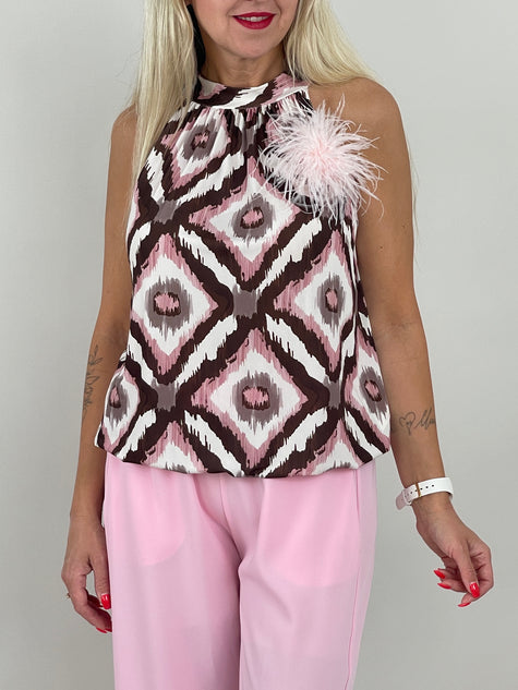 Neckholder Top Kofferstoff Muster in Mokka/Rosa