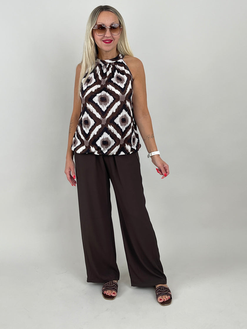 Neckholder Top Kofferstoff Muster in Mokka/Creme