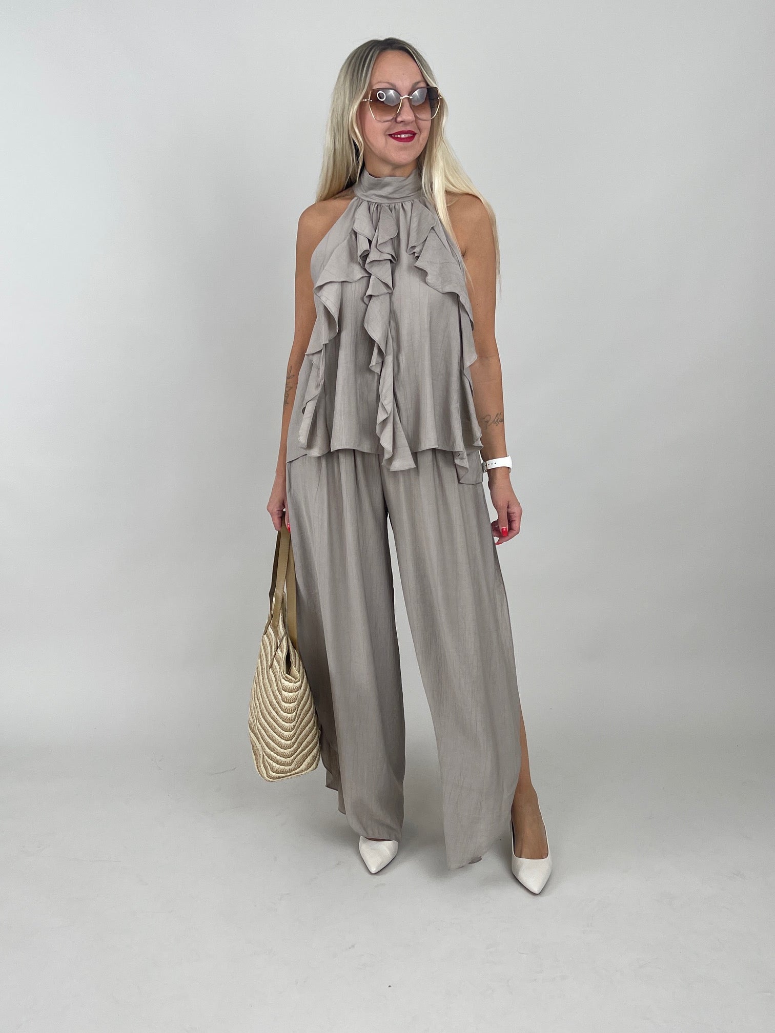 2-Teiler Neckholder-Top & Weite Hose in Taupe