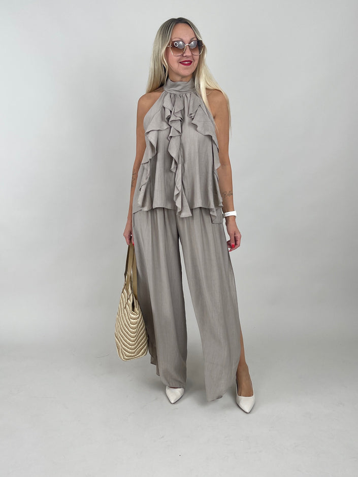 2-Teiler Neckholder-Top & Weite Hose in Taupe