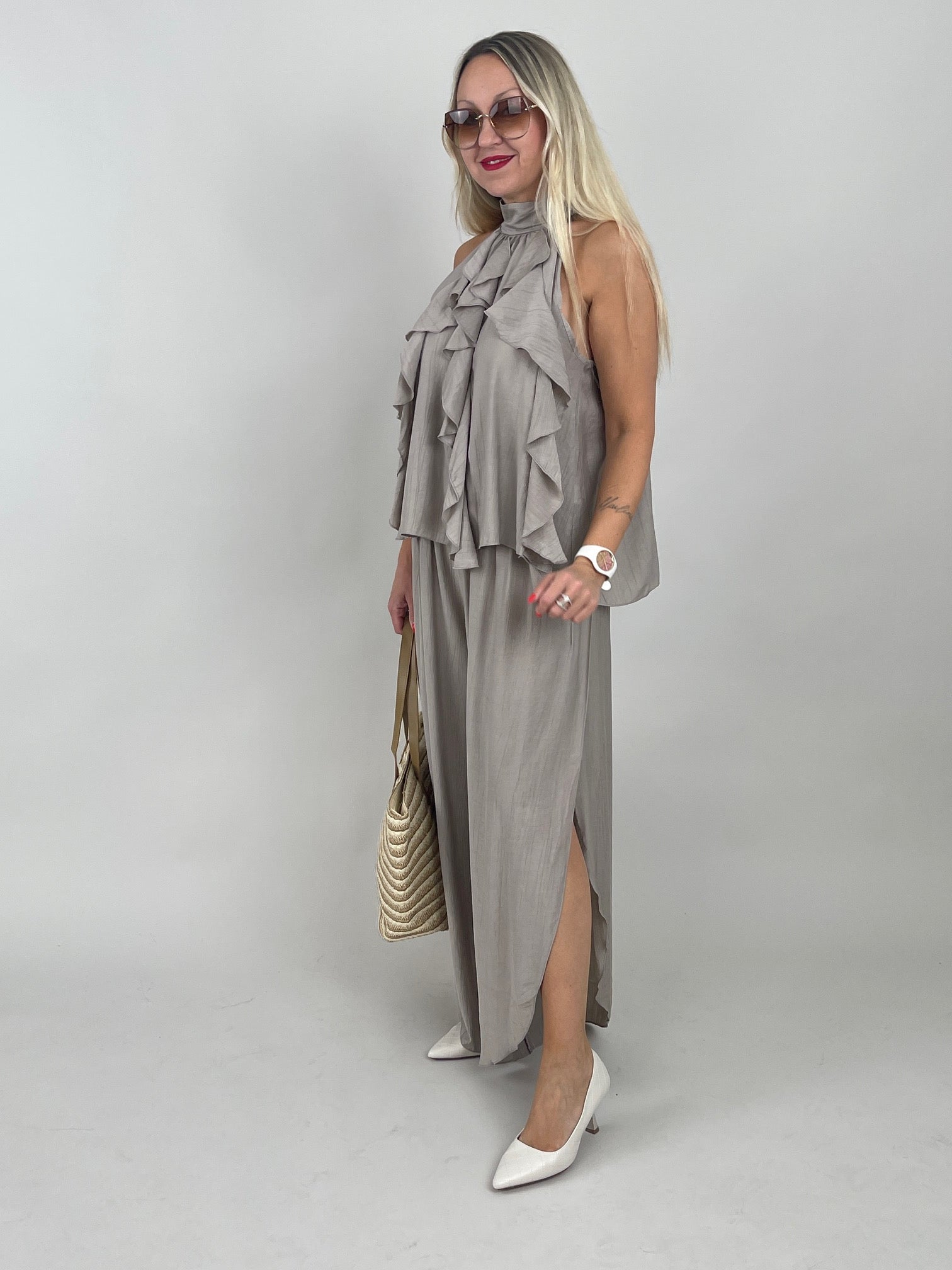 2-Teiler Neckholder-Top & Weite Hose in Taupe