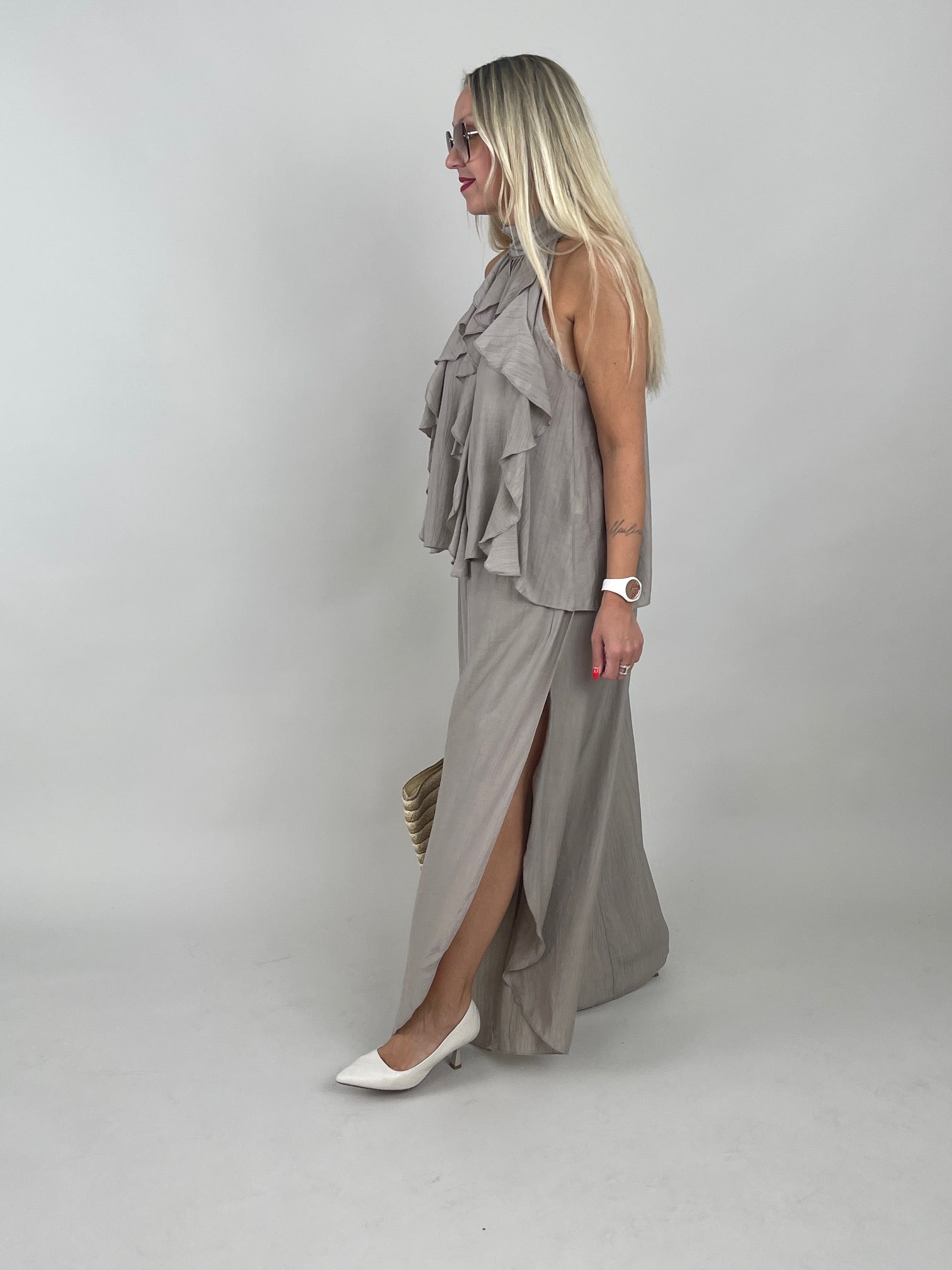 2-Teiler Neckholder-Top & Weite Hose in Taupe