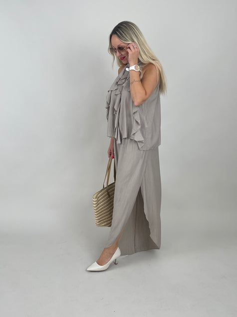 2-Teiler Neckholder-Top & Weite Hose in Taupe