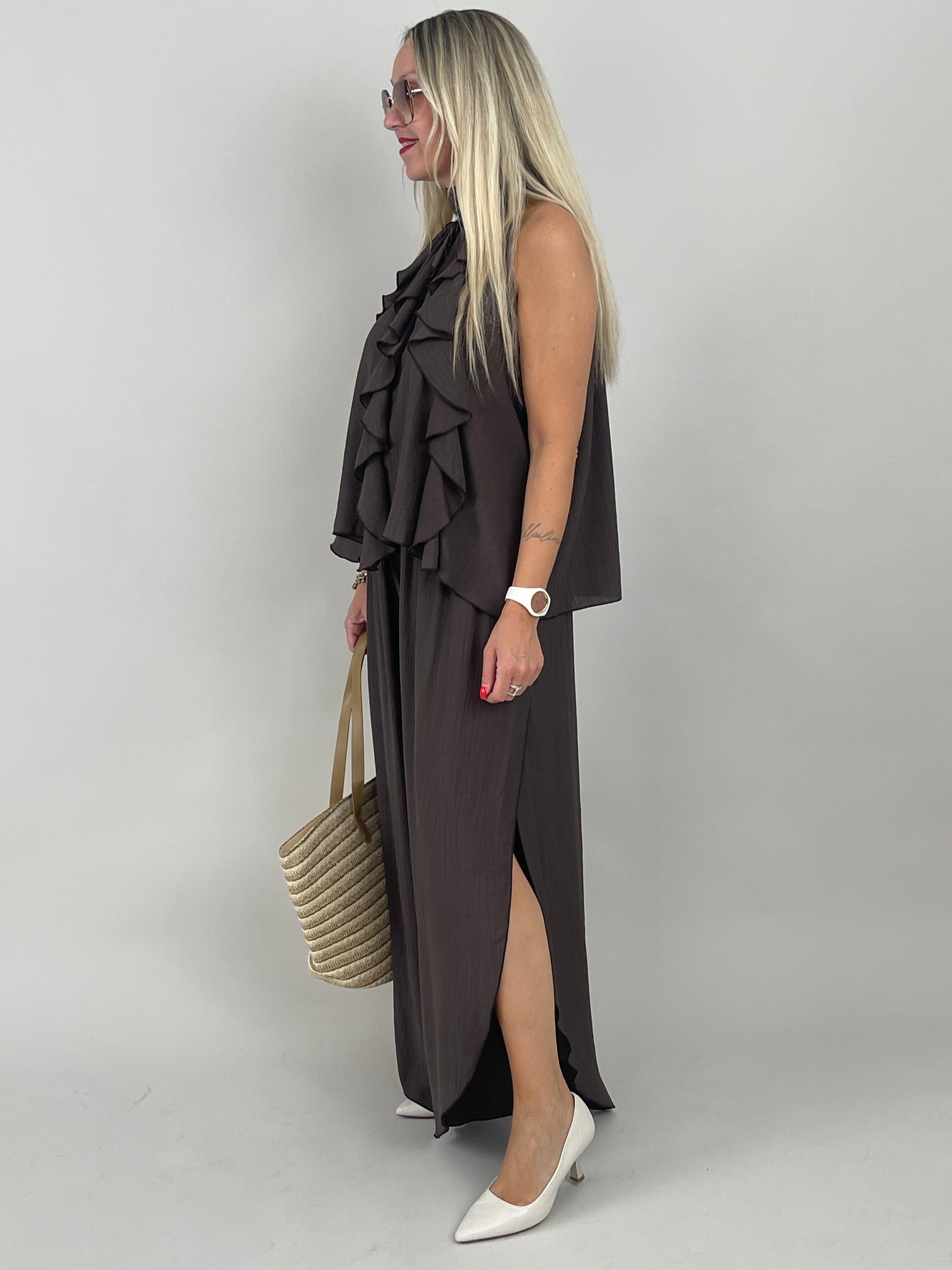 2-Teiler Neckholder-Top & Weite Hose in Mokka