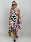 Neckholder-Kleid Kurz Kofferstoff Muster Orange/Schwarz