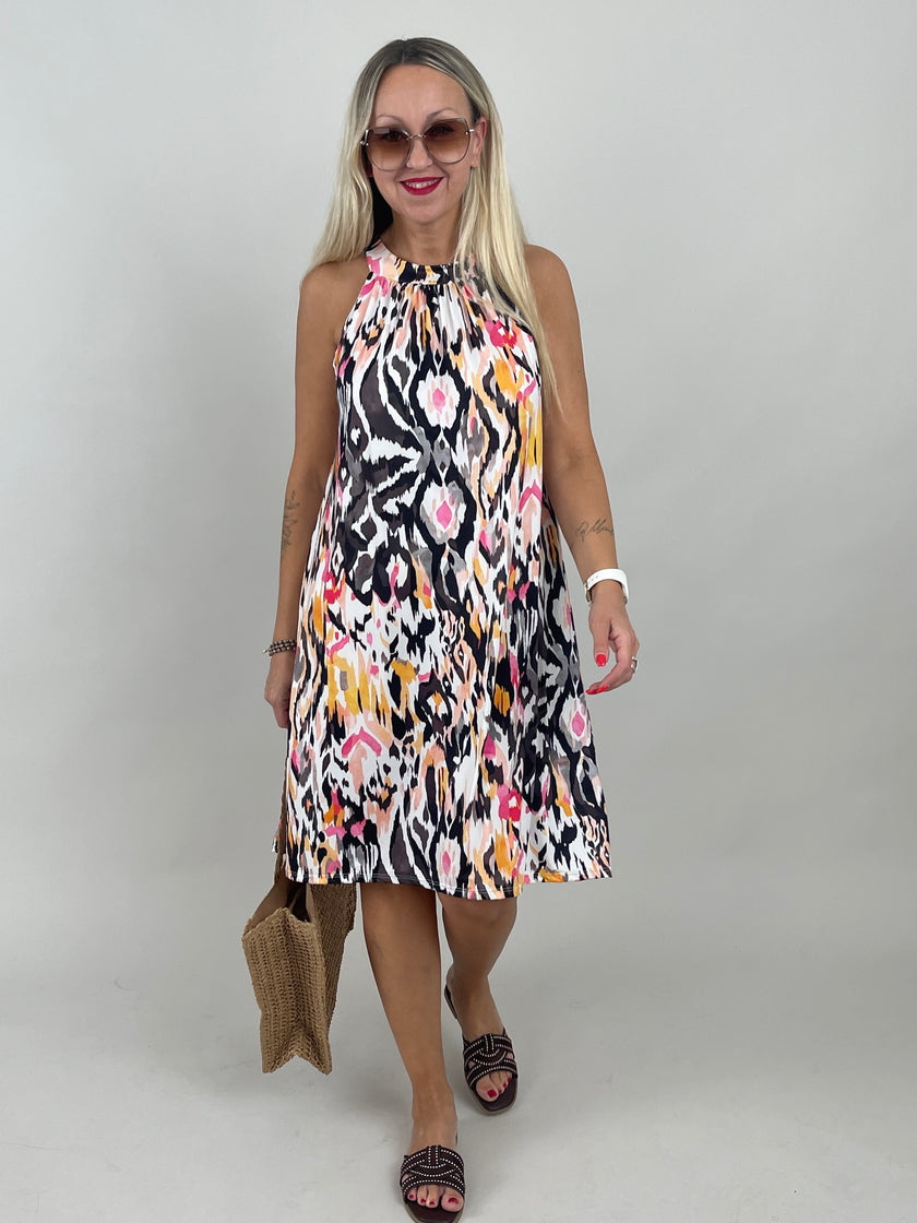 Neckholder-Kleid Kurz Kofferstoff Muster Orange/Schwarz