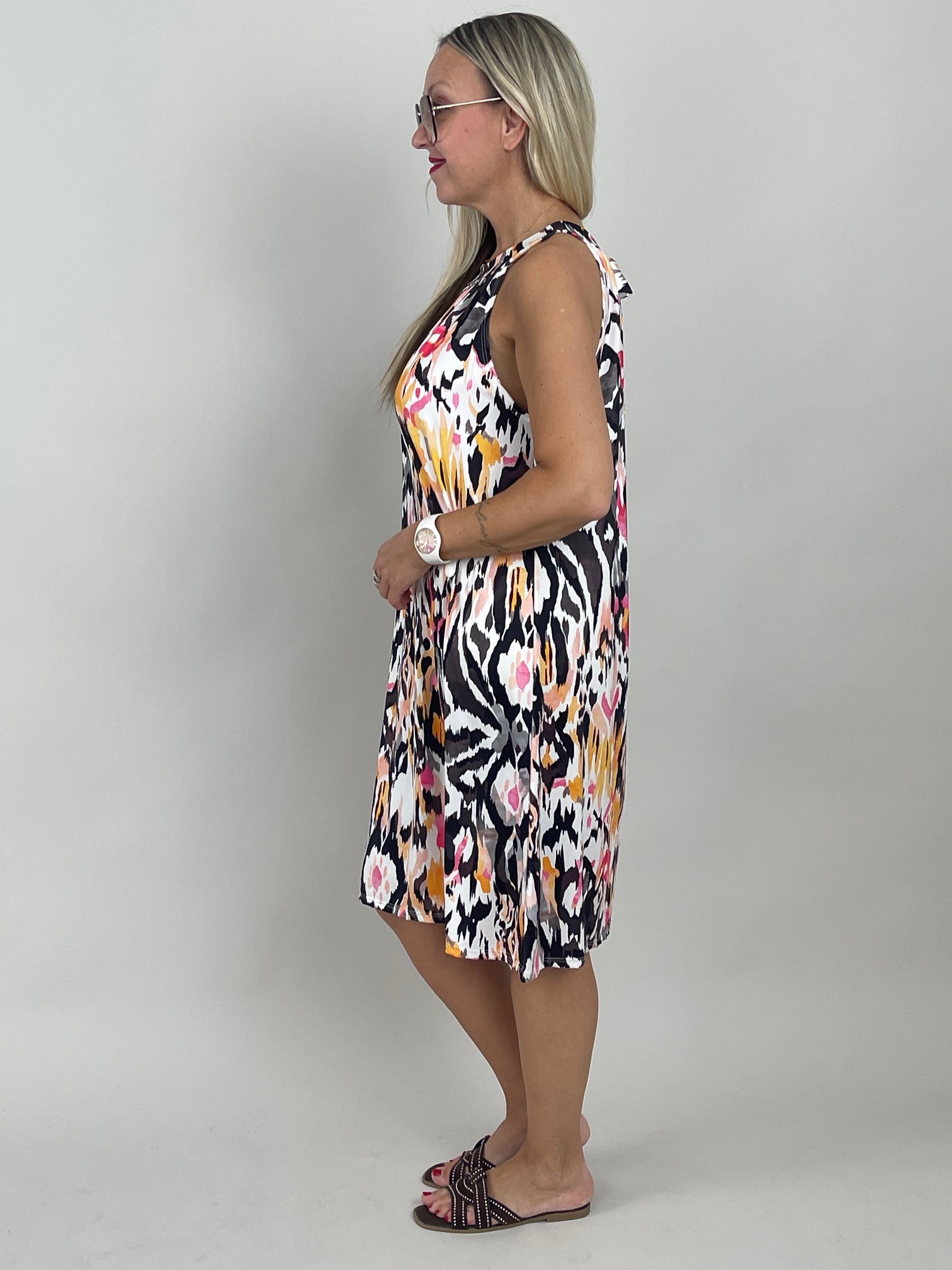 Neckholder-Kleid Kurz Kofferstoff Muster Orange/Schwarz
