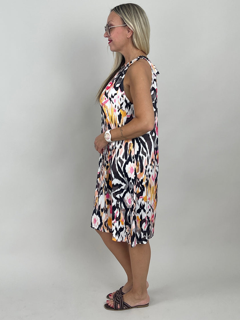 Neckholder-Kleid Kurz Kofferstoff Muster Orange/Schwarz