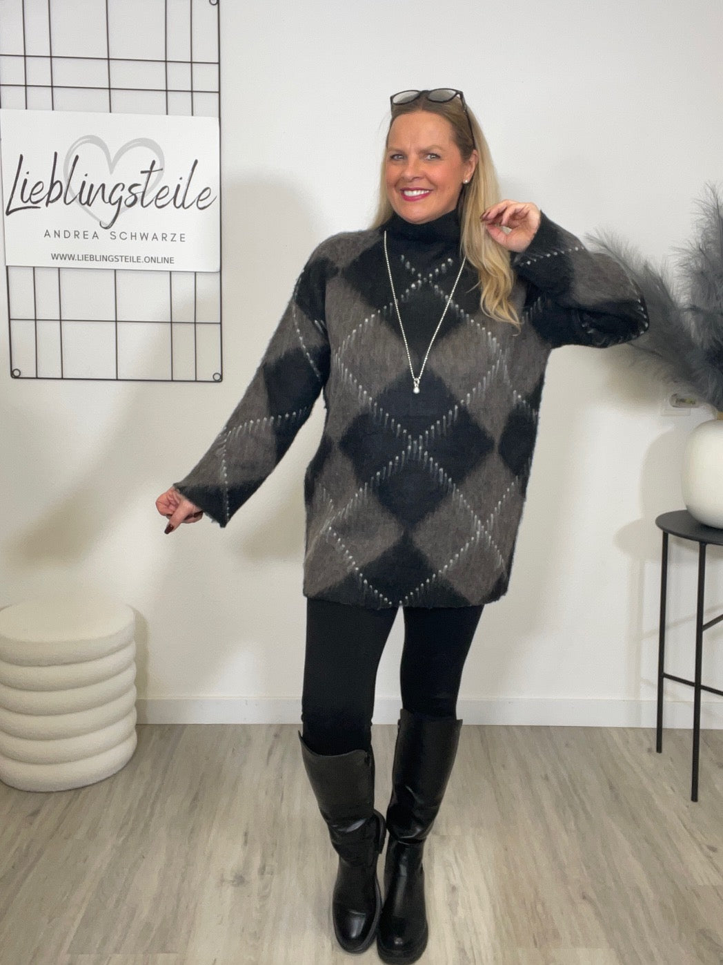 Pullover Stehkragen Raute in Taupe/Schwarz Art. 6643