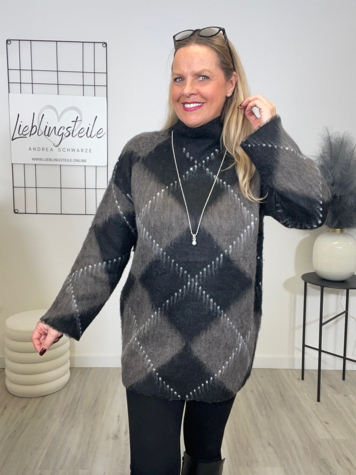 Pullover Stehkragen Raute in Taupe/Schwarz Art. 6643