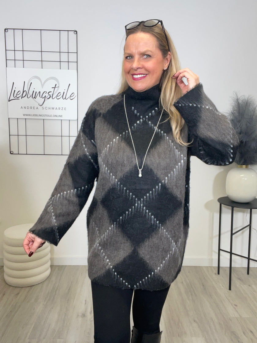Pullover Stehkragen Raute in Taupe/Schwarz Art. 6643