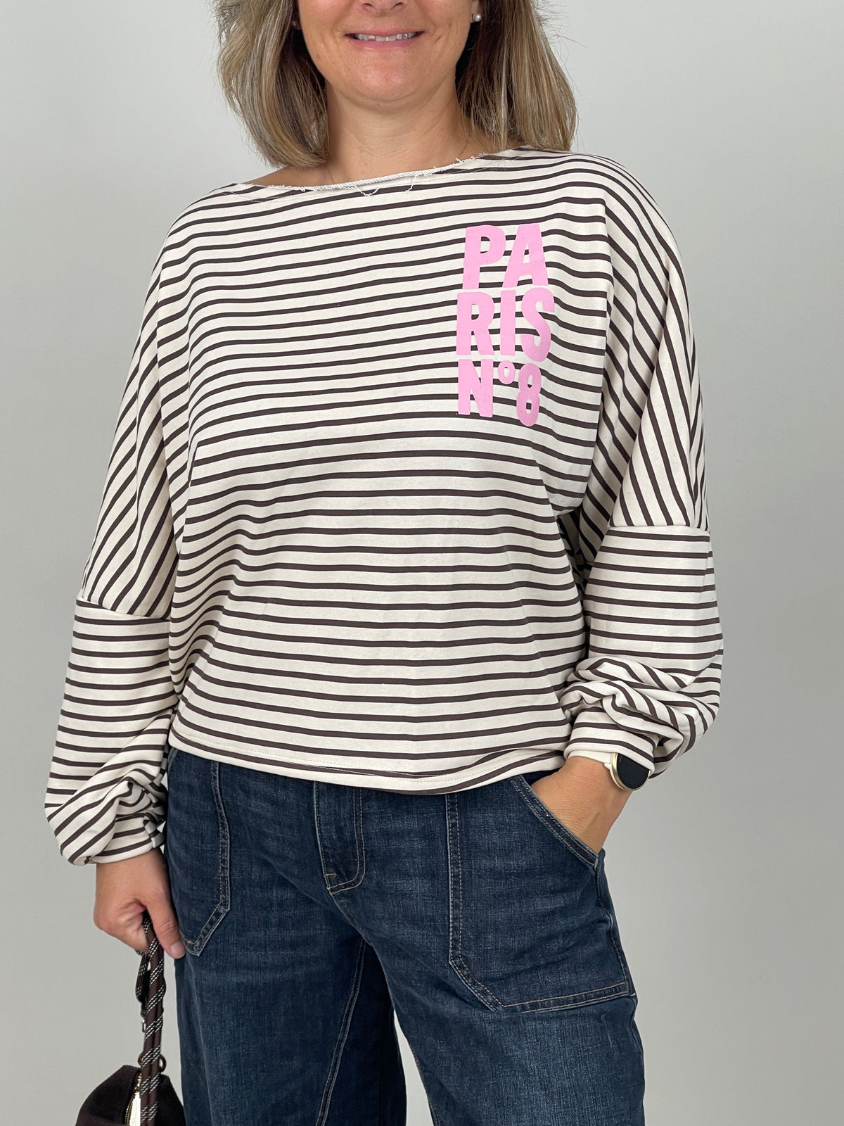 Sweatshirt Streifen mit Print in Mokka/Creme