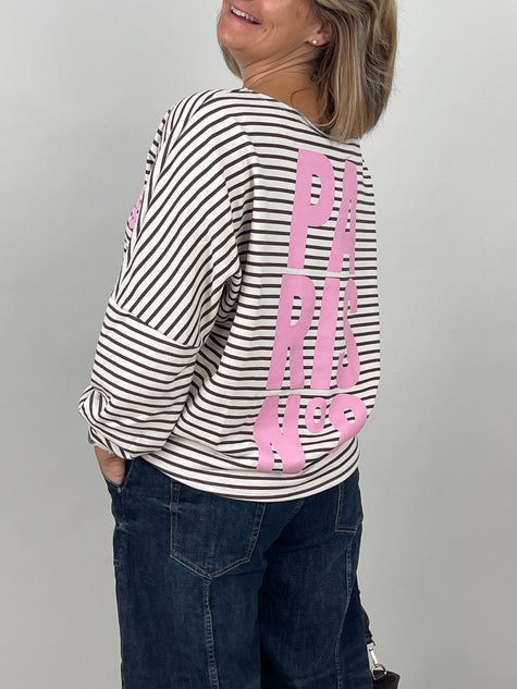 Sweatshirt Streifen mit Print in Mokka/Creme