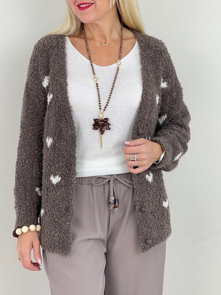 Cardigan Bouclé Herzmuster in Taupe Artikel 6370