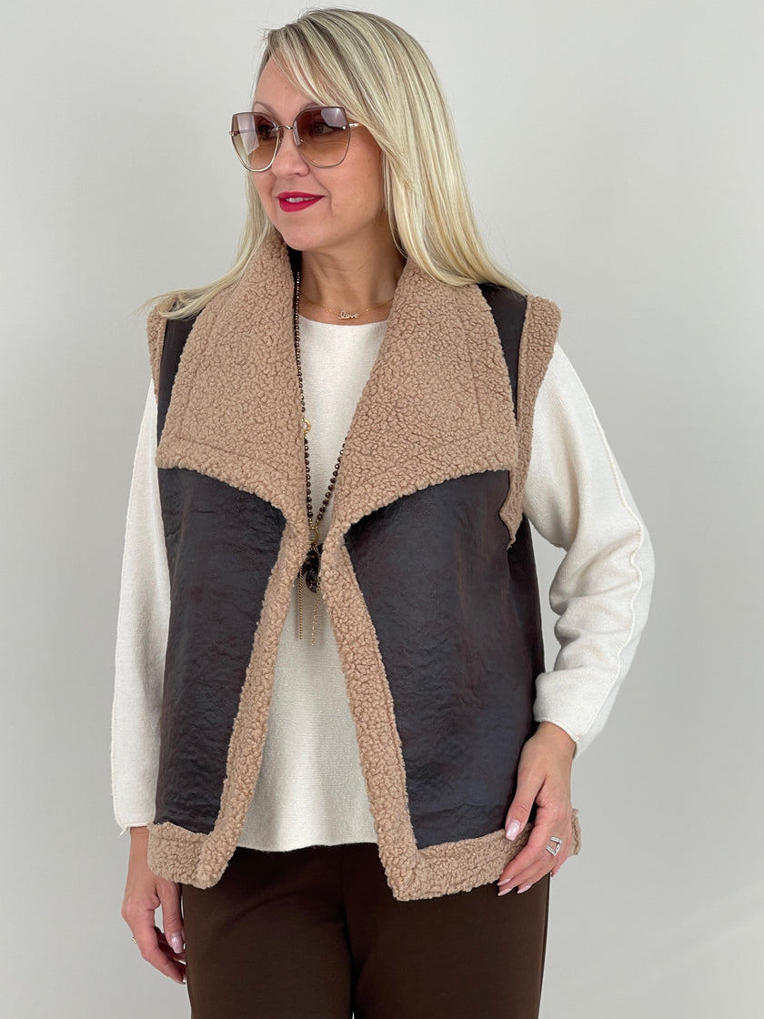 Weste Teddyfell und Lederoptik Braun Art. 6345