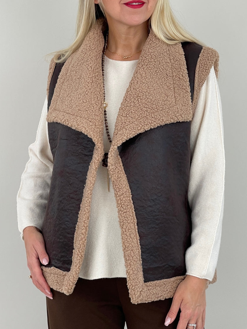 Weste Teddyfell und Lederoptik Braun Art. 6345